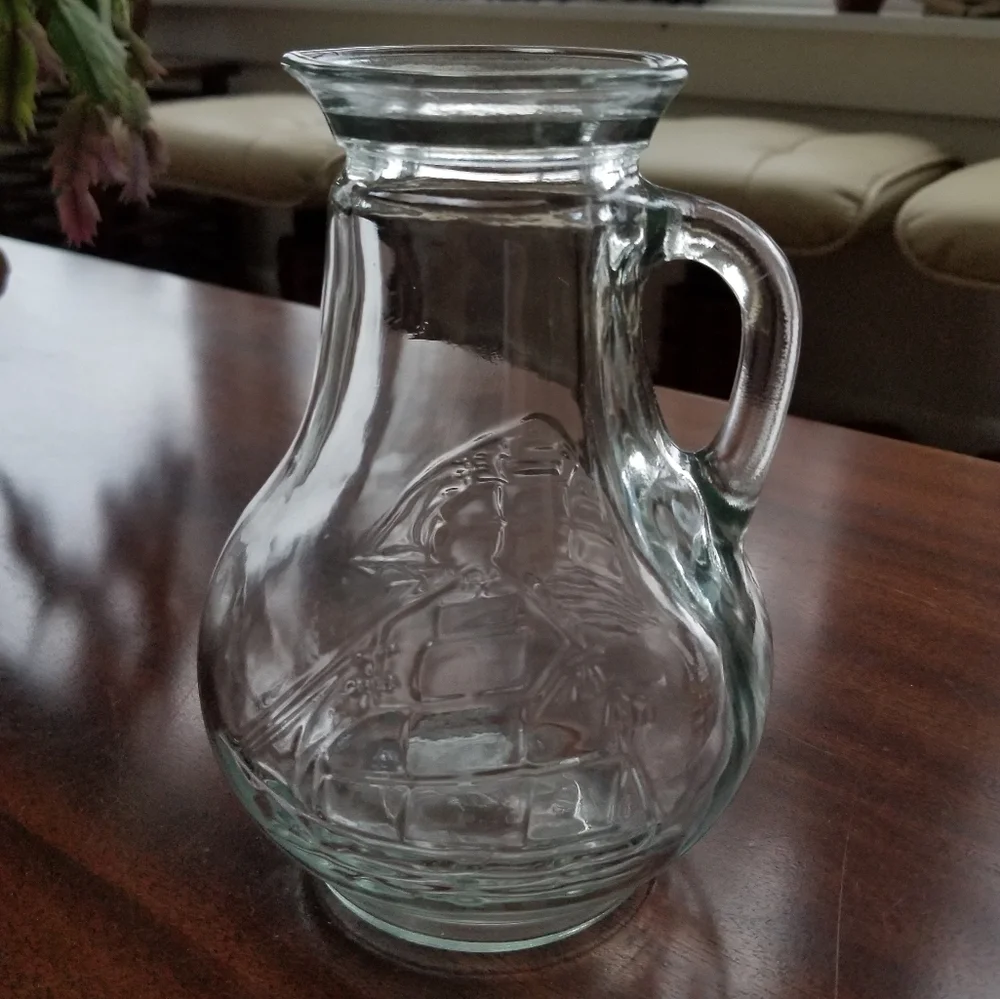 VTG. Clear Glass Pitcher w Clipper Ship Embossed